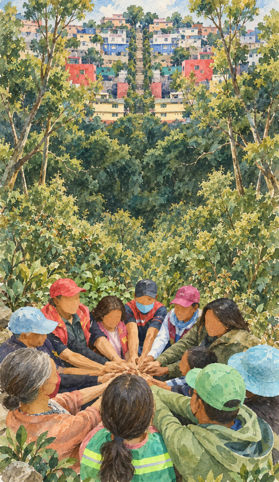 Watercolor of an urban ravine and a community group joining hands, connected by vegetation.